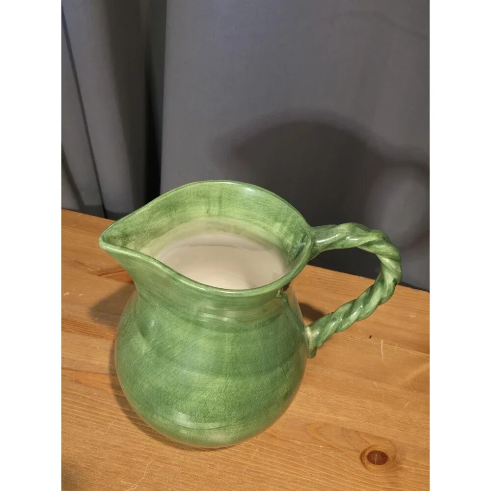 Italian Pottery Hand-painted Green Pitcher With Twisted Handle
